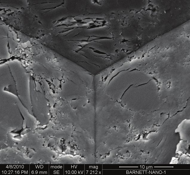 The SEM images of Figure 4 confirm that indents are large enough to sample all relevant elements of this shale, including clay and mineral grains.