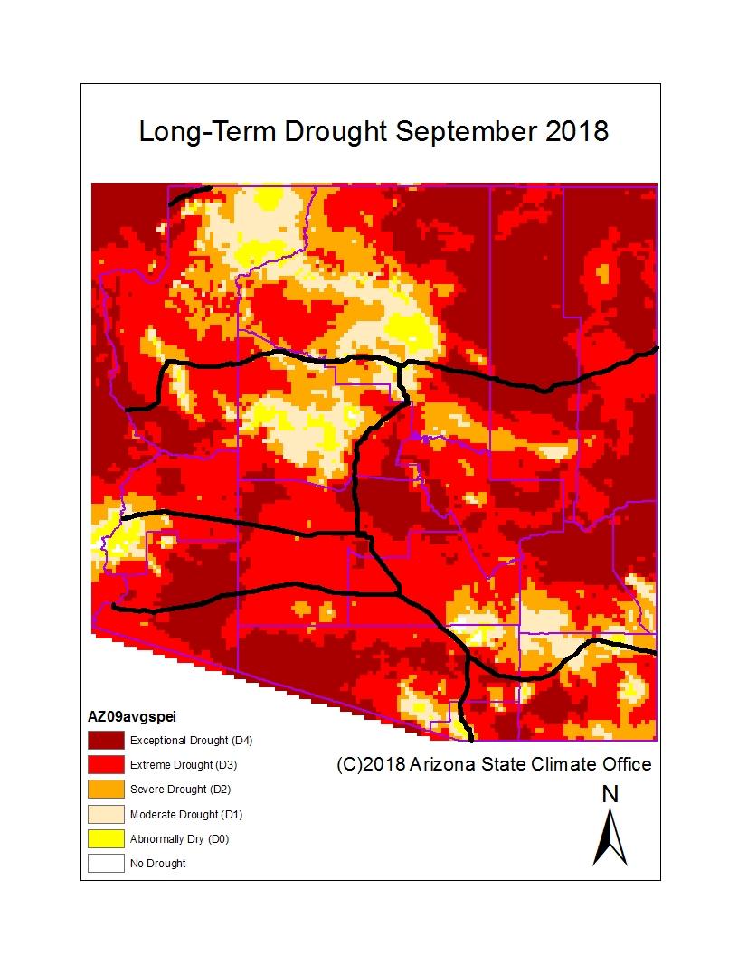 The long-term drought map for September shows hydrologic drought, and it is based on precipitation and evaporation using the Standardized Precipitation Evaporative Index (SPEI) over the past 24-,