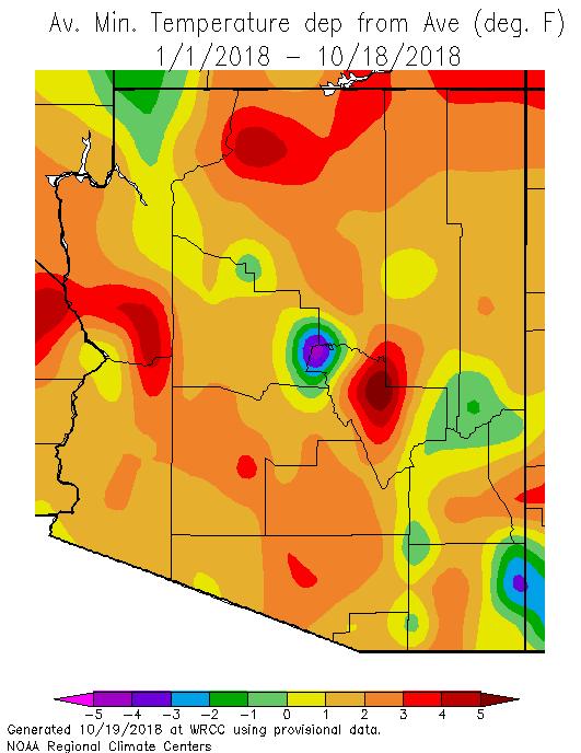 Calendar Year 2018 Calendar year minimum temperatures across Arizona have been 1 to 3 o F warmer than average, though a few spots in northern Mohave County, eastern Cochise County, east central, and