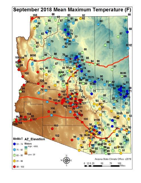 T September 2018 The highest average minimum temperature was 81 o F at Falcon Field, and the lowest average minimum temperature was 37 o F at the east entrance to the Grand Canyon, Sunrise