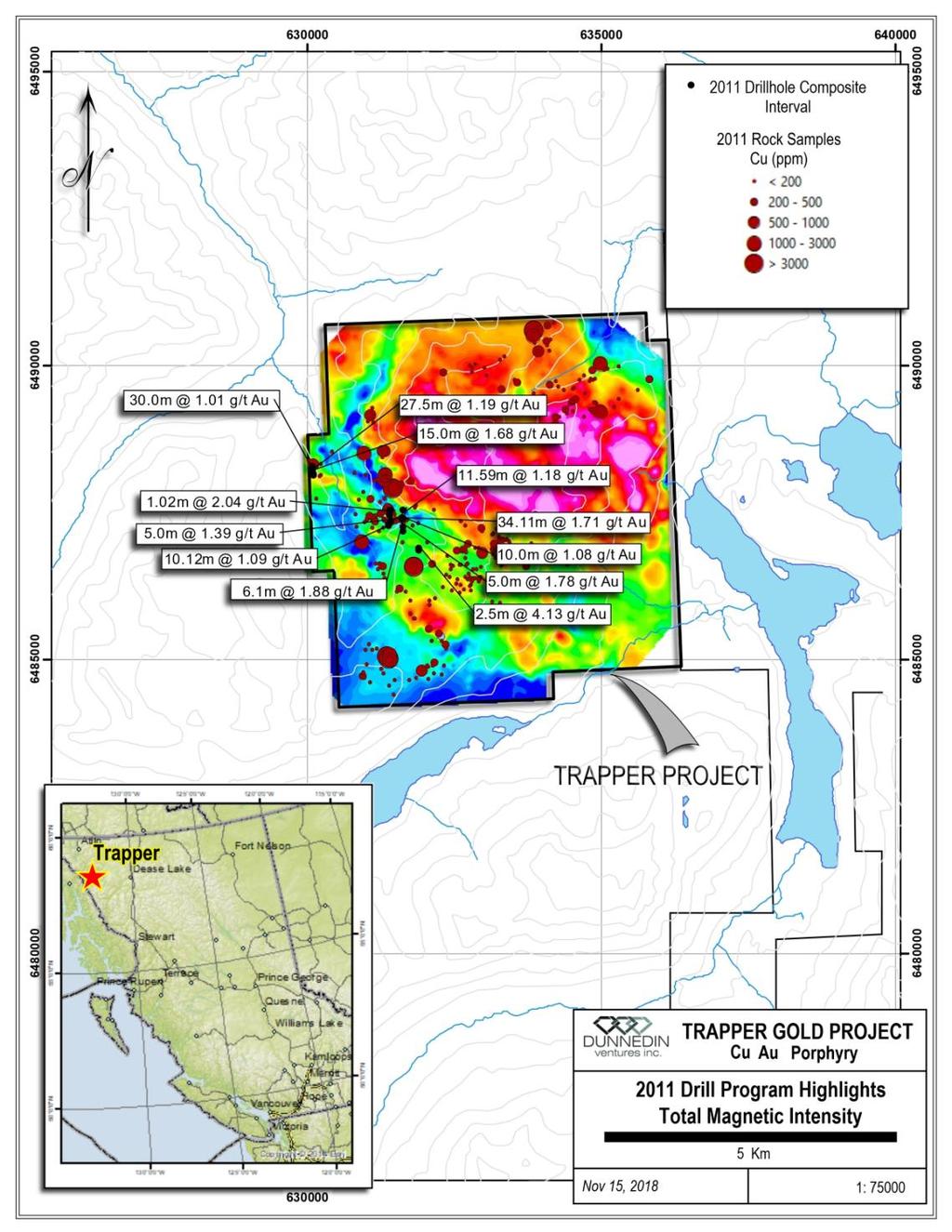 Highlights of 2011 drill intersects are shown in Figure 1, along with a geophysical representation of the main porphyry centre, and copper results from grab samples across the project Refer to news