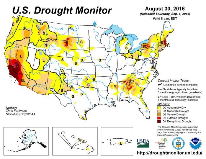 Drought Watch Again not much change from last month with western US drought conditions lessened in some areas but expanding in others.