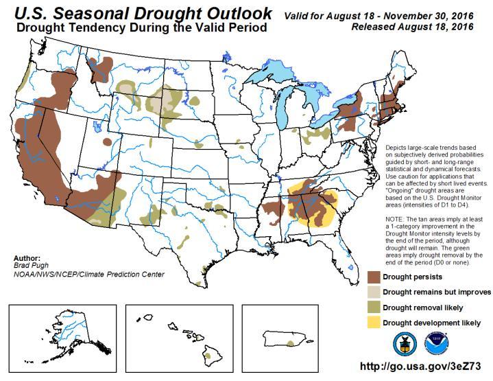 The US seasonal drought outlook forecasts that the driest regions in California, Nevada and eastern Oregon will likely persist through the end of November and beyond.