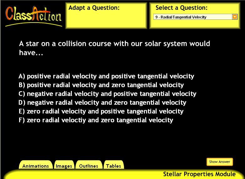 Radial / Tangential Velocity Key Concepts: Radial velocity; Tangential velocity Description: An incomplete sentence is presented that indicates a star is headed towards the Earth.