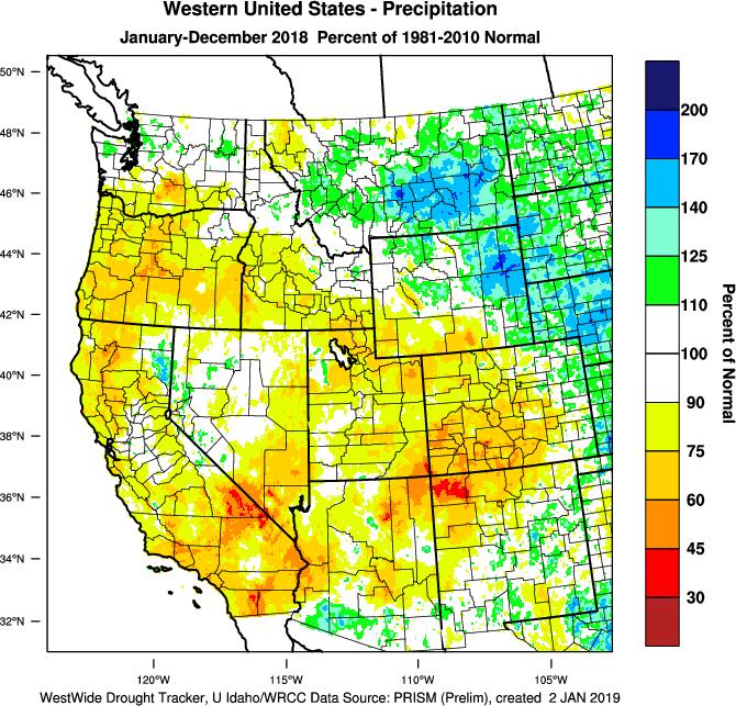 Figure 2 Western US complete 2018 temperature departure from normal (left) and percent of normal precipitation (right; images from WestWide Drought Tracker, Western Region Climate Center;