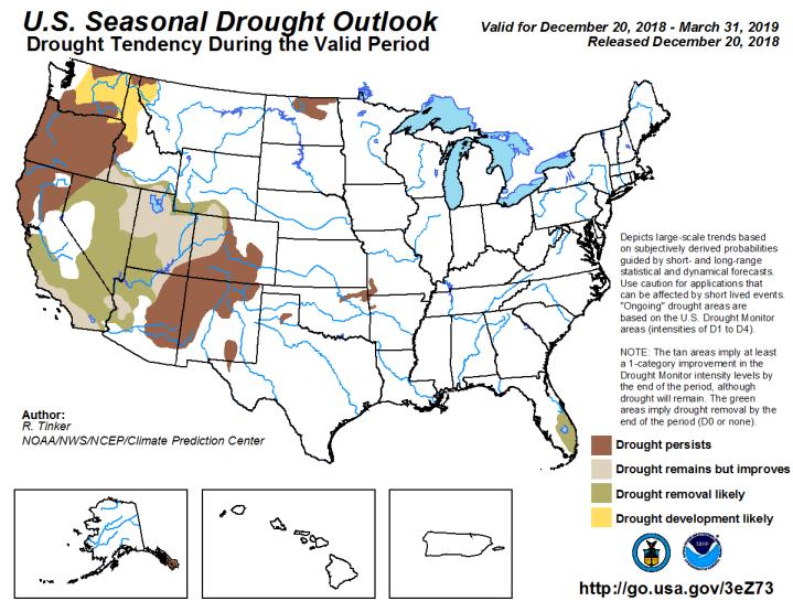 However, the western US continues to see drought conditions with the main areas of severe to extreme drought over the Four Corners region and the desert southwest with further increases in