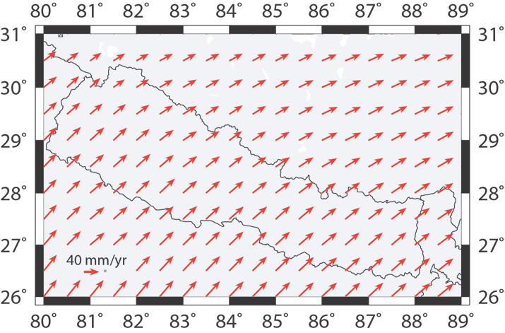 Using these velocities we developed a grid file that covers the region from 80 E to 89 E and 26 N to 31 N (Figure 3).