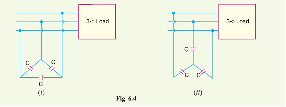 For three-phase loads, the capacitors can be connected in delta or star as
