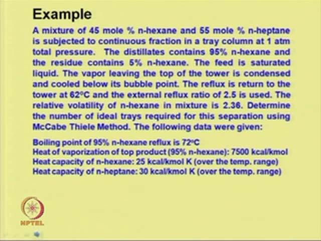 (Refer Slide Time: 13:37) Now, let us take an example, how to calculate the internal reflux ratio and then the number of plates required for a given separation.