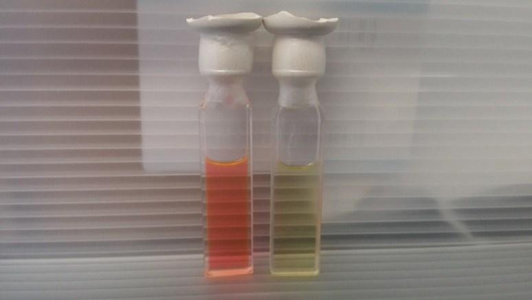 Figure S1. Representative digital photograph of polymerization solution (left) before and (right) after 60 min green light irradiation.