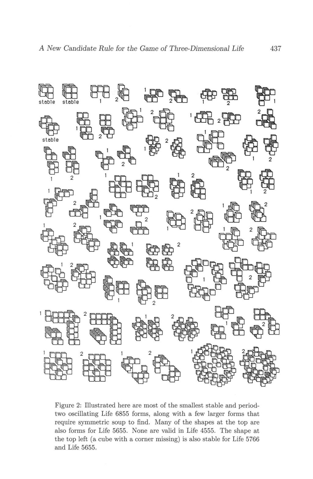 A New Candidate R ule for the Game of Three-Dimensional Life 437 Figure 2: Illustrated here are most of the smallest st able and periodtwo oscillati ng Life 6855 forms, along with a few larger forms