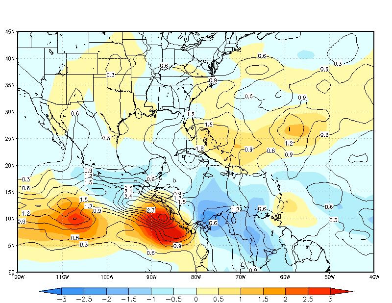 IRI- ECHAM4p5 (Anomaly Coupled) Precipitation (mm day -1 ) Skill masked rainfall anomaly for ASO2012 Contours are intra- ensemble spread and shading is anomaly of the ensemble mean in a.