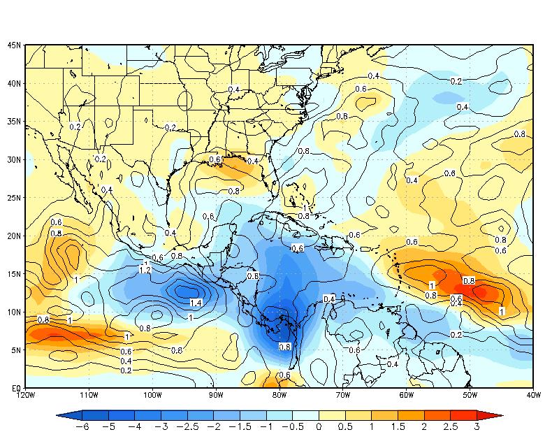 IRI- ECHAM4p5 (Direct Coupled) Precipitation (mm day -1 ) Skill masked rainfall anomaly for ASO2012 Contours are intra- ensemble spread and shading is anomaly of the ensemble mean in a.