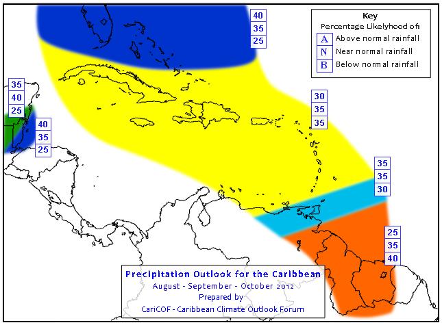 CIMH precipitation forecast http://www.cimh.edu.bb/?p=precipoutlook Rainfall in the Caribbean during ASO will likely become generally consistent with typical El Niño conditions.