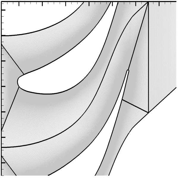 152 S.Dykasetal. Figure 4. Comparison of sound pressure level(spl) far from cavity Figure 5. Computational domain and numerical grid of blade-to-blade channel outlet Mach number Ma = 1.2. The computational domain is presented in Figure 5.
