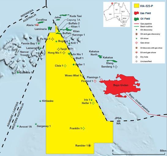 Buffalo Project WA-523-P (Carnarvon 100% and operator) WA-523-P is surrounded by nearby oil and gas fields and pipelines.