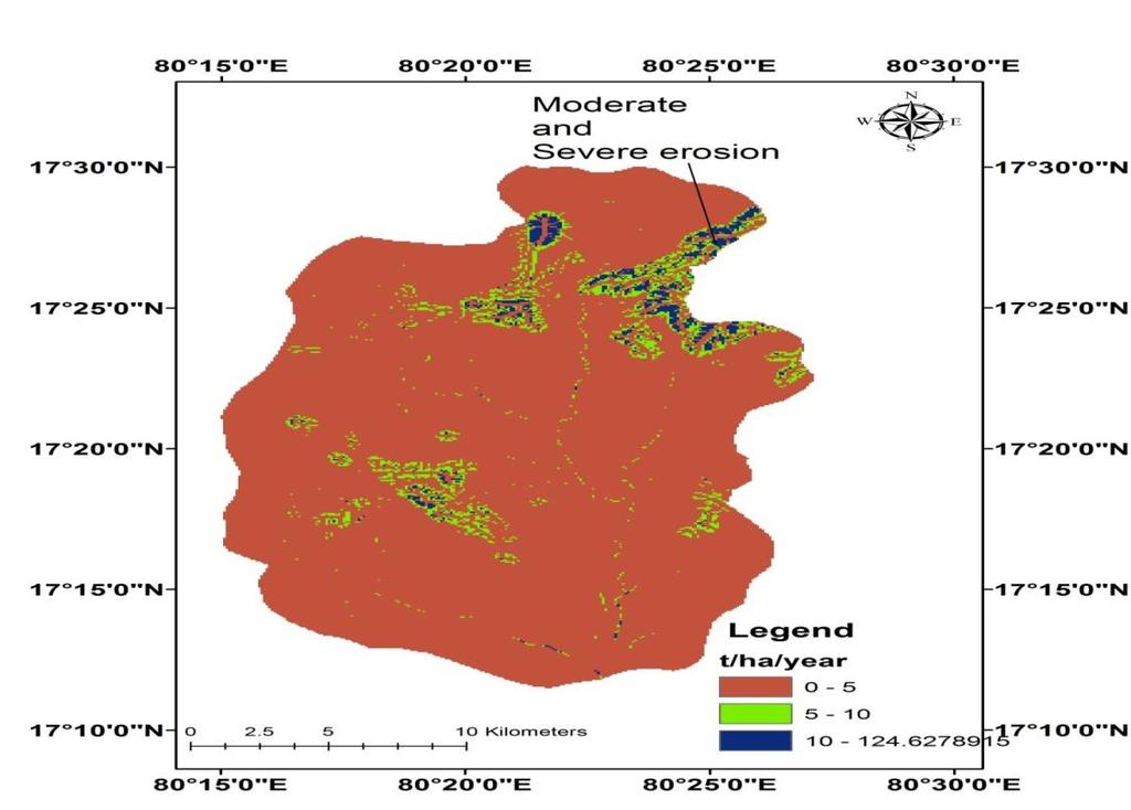 severe > 10 t/ha/year. the area of each classified and presented in to table. 6. Fig.11 Soil loss assessment of the study area. Table. 6 Erosion intensity of the study area. S.no Erosion Class Rate of erosion Area in sq kms 1 Slight 0-5 480.