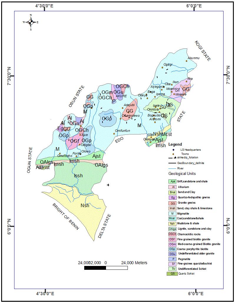 Omosuyi et al. 599 Figure 2. Geological map of Ondo State showing the study area (Modified from NGSA, 2006).