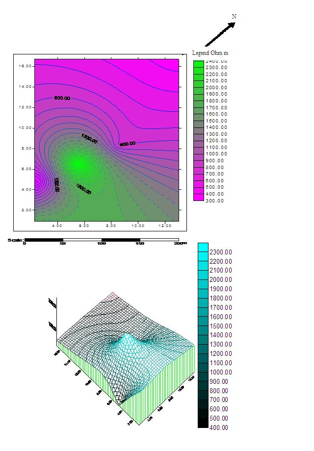 Figure 4a shows the isoresitivity map at electrode separation of 6m. The map has a resistivity range between 500-5000 Ωm in the southern part.