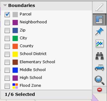 Boundaries The Boundaries tool controls boundary lines that appear on the Map, including zip codes, county lines, parcel boundaries, school district boundaries, neighborhood boundaries and flood