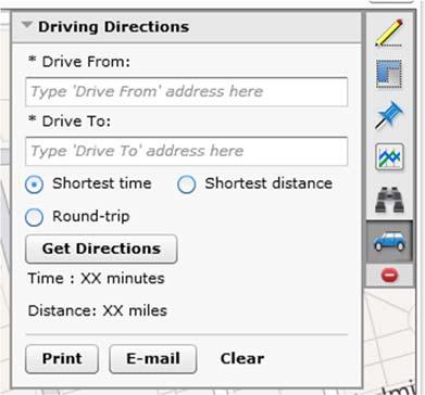 Driving Directions The Driving Directions tool lets you quickly find directions to a specific address and print or email them to yourself or a client.