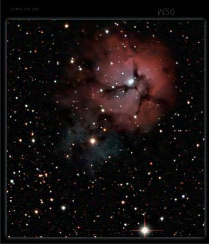 Photo credit: Brent Crabb, Astrophotographer, Orange County, California Just above the Lagoon Nebula is a smaller fuzzy grey area. This is the Trifid Nebula, also known as Messier 20.