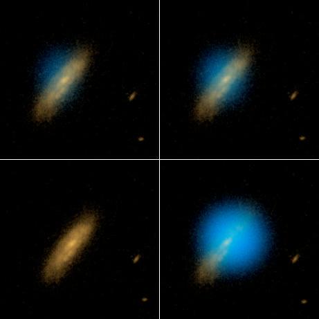 Sequence of images shows supernova start to finish. The top left image shows the galaxy before the supernova.
