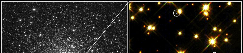 White Dwarfs in Globular Cluster M4 M4 is 7000 light years away. The image on the right is the HST image of the small region indicated in the groundbased image on the left.