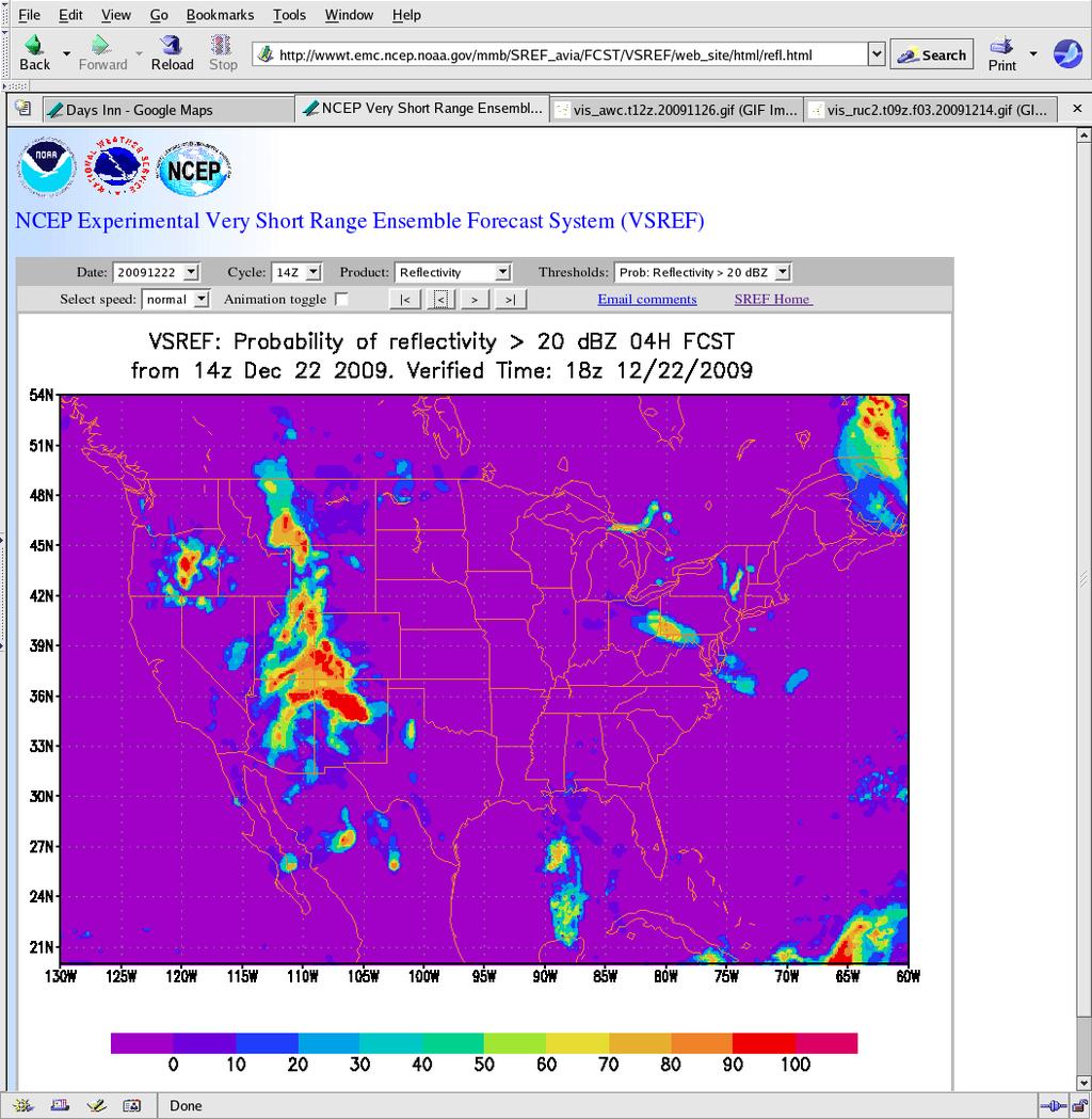 Fig.3 VSREF web page interface where Dec. 22, 2009, cycle 14Z, 4-hour forecast probability of reflectivity > 20 dbz over CONUS, valid at 18Z on the same day, is shown. 5.
