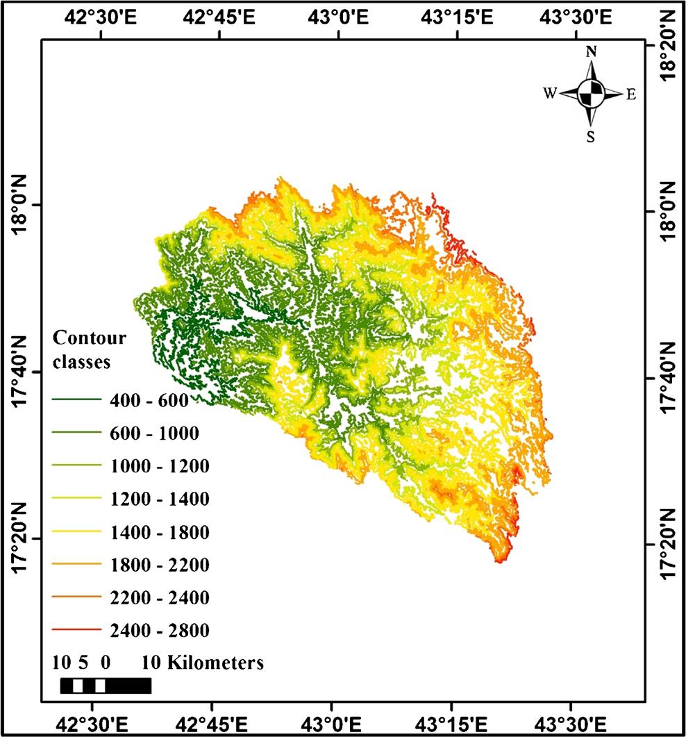 256 Page 8 of 11 Arab J Geosci (2017) 10: 256 Fig. 8 Contour map of Wadi Baish catchment Fig. 10 Slope map in degree of Wadi Baish catchment runoff with marked lithology.