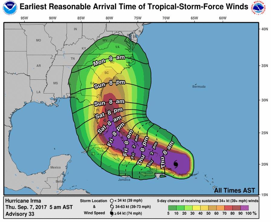 Time of Arrival Graphics Become Operational in 2018 Shows earliest reasonable arrival time of TS winds (black contours) and cumulative TS wind speed probabilities (colors) Identifies the time window
