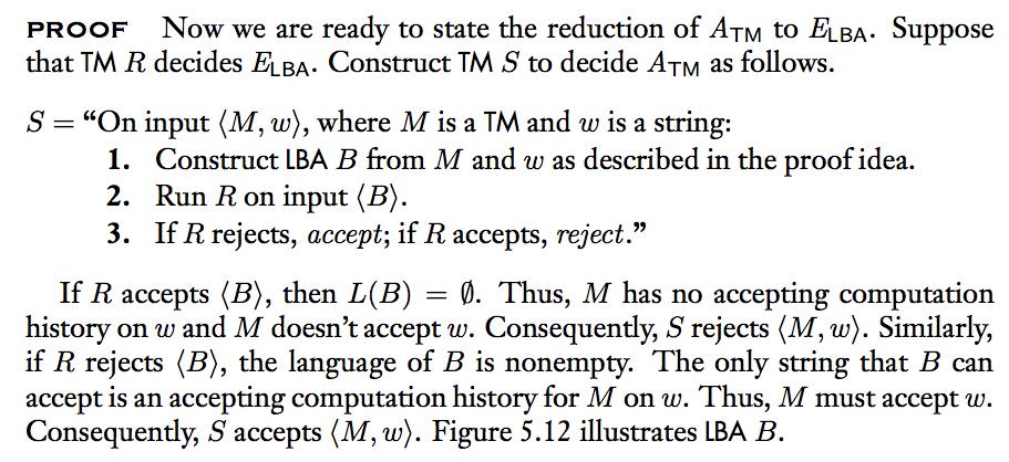 The E LBA problem Let us use S = A TM q Assume that M R solves R = E LBA q Solve S using M R by constructing M S