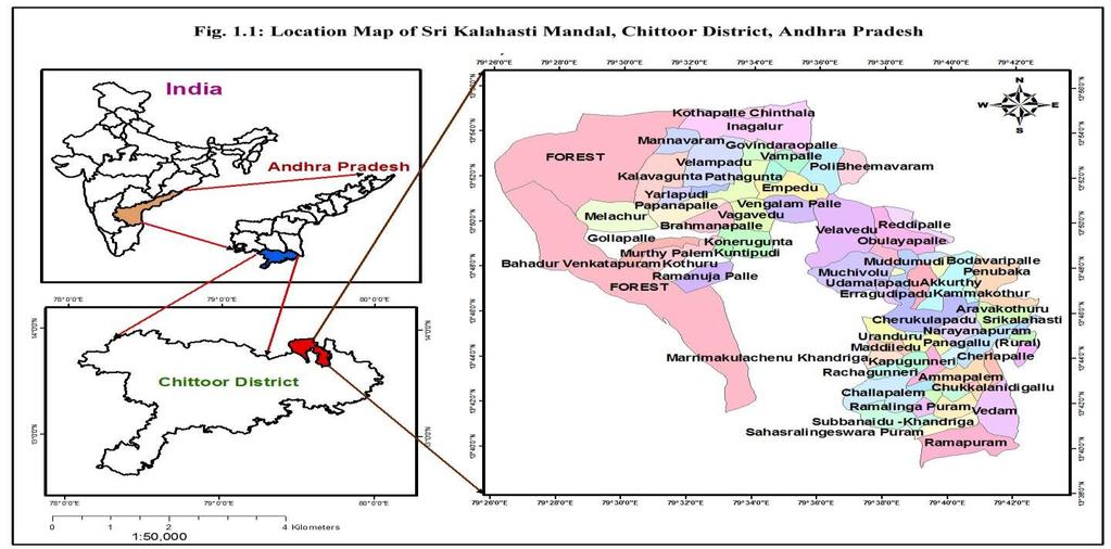 RAINFALL ANALYSIS IN SRI KALAHASTI MANDAL, CHITTOOR DISTRICT, Figure 1.1 Showing Sri Kalahasti Mandal Rain Gauge Stations II. STUDY AREA Geographically the study area lies between 13 o 39'7.