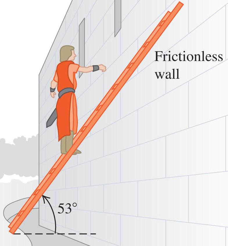 11. A knight, who weighs 1000 N, has stopped 1/3 of the way up a ladder that is 6.0 m long. The ladder has a uniform density and a weight of 200 N, and it makes an angle of 53 o with the horizontal.