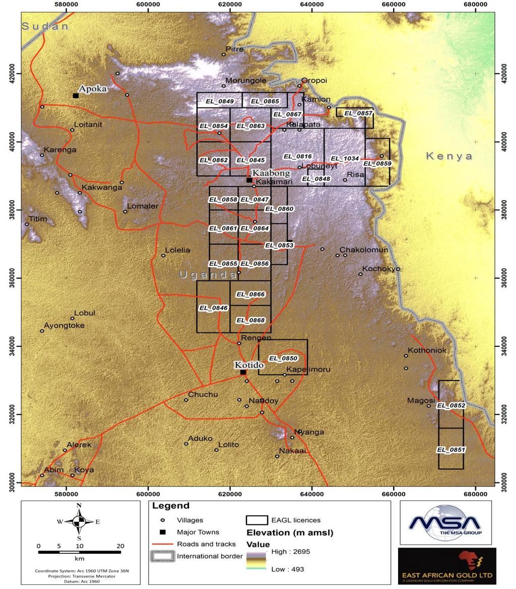The Aswa Shear Zone is an up to 11 km wide NW-SE striking lineament that extends from the South Sudanese border to Kenya (and beyond), over a length of around 365km.