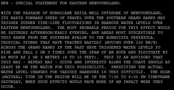 Newfoundland for rapid tide effect only the second ever official alert from CHC for the TC-induced wave