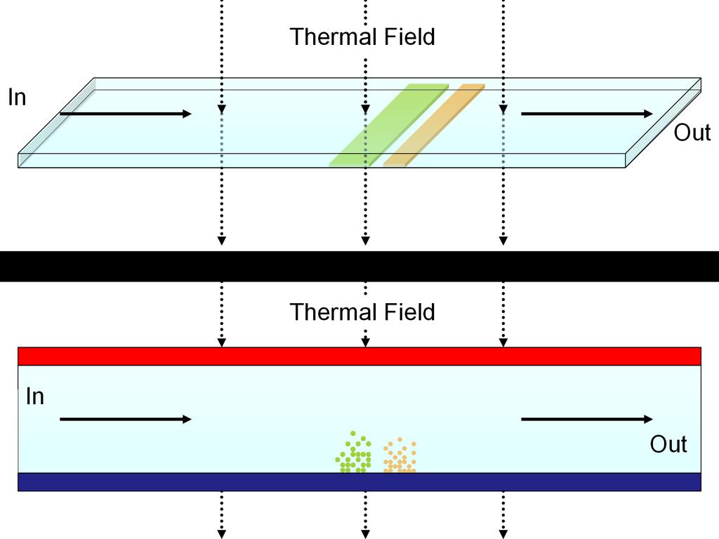 Figure 1: diagram of a TFFF device separating two compounds (orange and green) from a perspective (top) and 2D (bottom) viewpoint.