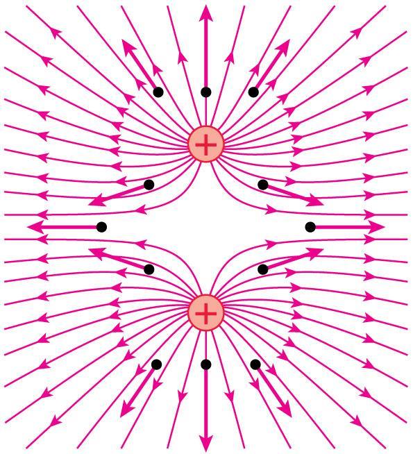 The Electric Field of Two Equal Positive Charges This figure represents the electric field of two same-sign charges using electric field lines.