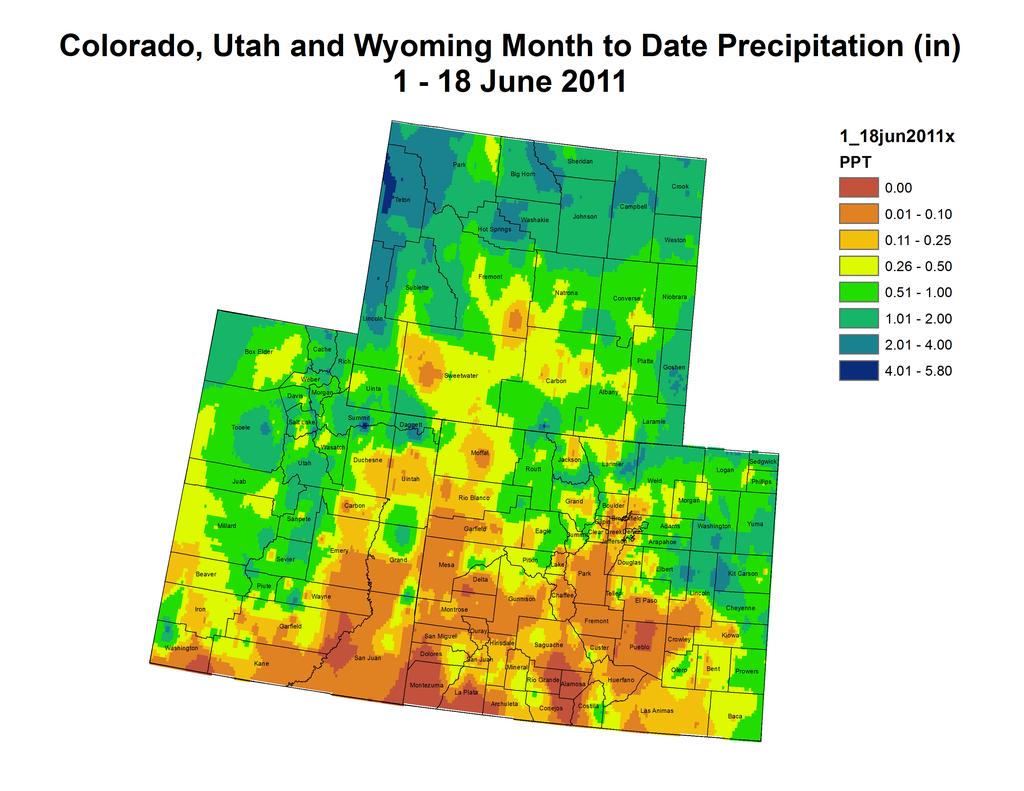 PrecipitaEon and Snowpack Fig. 1: June month to date precipitaeon in inches. Fig. 2: 24 hour accumulated precipitaeon as of June 21 st for CO.