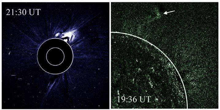 Figure 2. A LASCO C2 coronagraph image (left) and an EIT 195 Å image (right) showing the development of a CME and EUV ejection event on 4 July 2001.