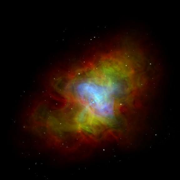 Composite image: Blue represents the X-ray observations, red and yellow represent the optical, and purple represents the