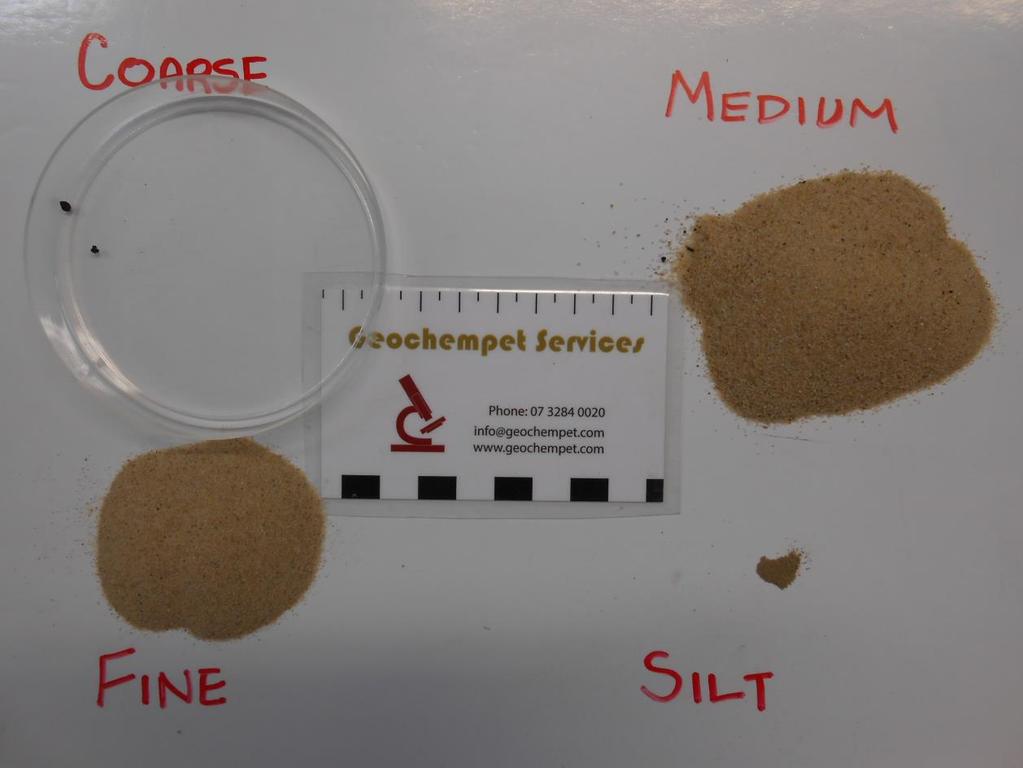 GEOCHEMPET SERVICES, BRISBANE In a crude, dry sieving test of a small subsample these results were tabulated; Sieve Size Wt % of sample Coarse (>1.18mm) <0.1% Medium (>0.3mm) 68.2% Fine (>0.075mm) 31.