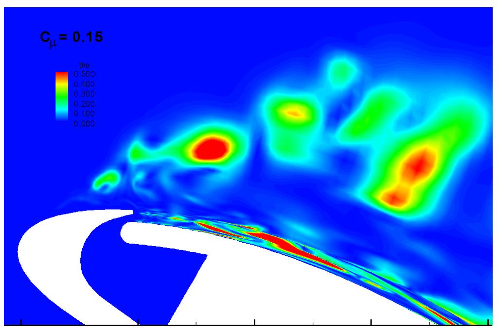5 Figure 5: Contours of turbulent kinetic energy(k) near the CFJ airfoil injection slot predicted by LES; AOA=3 o,