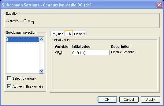 6 Click the Init tab of the Subdomain Settings dialog box for the Conductive Media DC application mode 7 Type 0.1*(1-x) in the edit field for V(t 0 ).