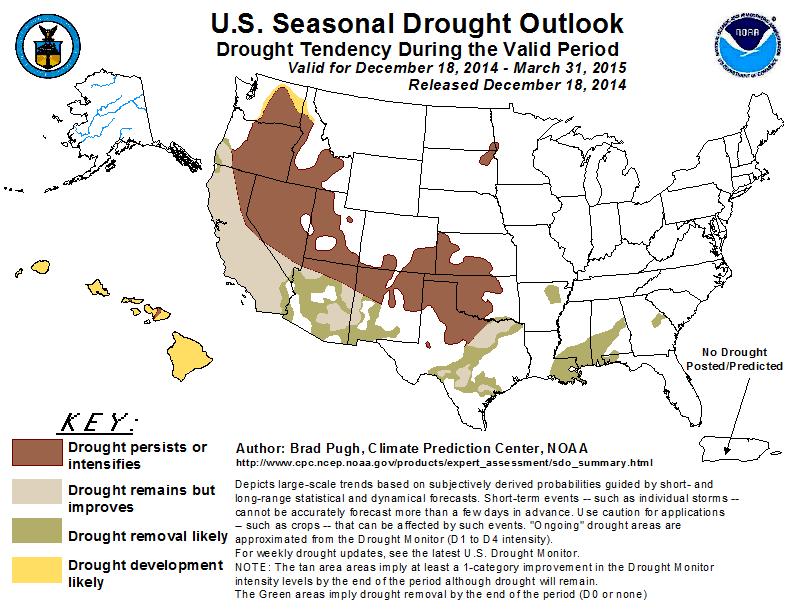 The bottom right image shows the Climate Prediction Center's most recent release of the U.S. Seasonal Drought Outlook.