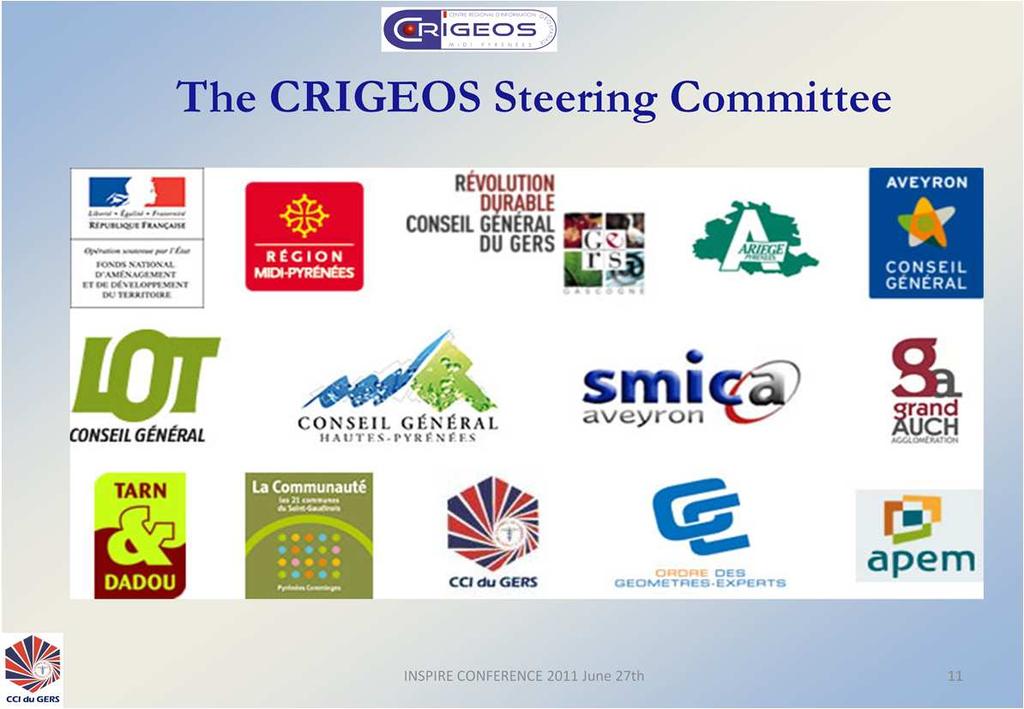 Here you have the logos of the leader partners and members of the CRIGEOS Steering Committee: State, Region, 5 provincial authorities, 3 associations of