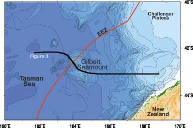 Figure 2: Map showing the bathymetry of the Gilbert Seamount region. The location of the profile in Figure 3 is indicated. Contour interval is 250 m.