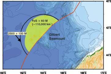 Figure 4: Map showing the approximate extent of the continental shelf beyond the 200 M EEZ in the Gilbert Seamount region. Figure 5: Map showing the bathymetry of the Hikurangi Plateau region.