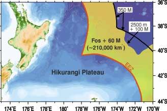 Figure 9: Map showing the approximate extent of the continental shelf beyond the 200 M EEZ in the Hikurangi
