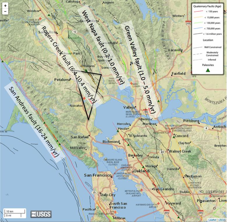 Unit 5: 2014 South Napa earthquake GPS strain analysis student exercise Figure 3. Quaternary fault map of the northern San Francisco Bay area (USGS, 2014).